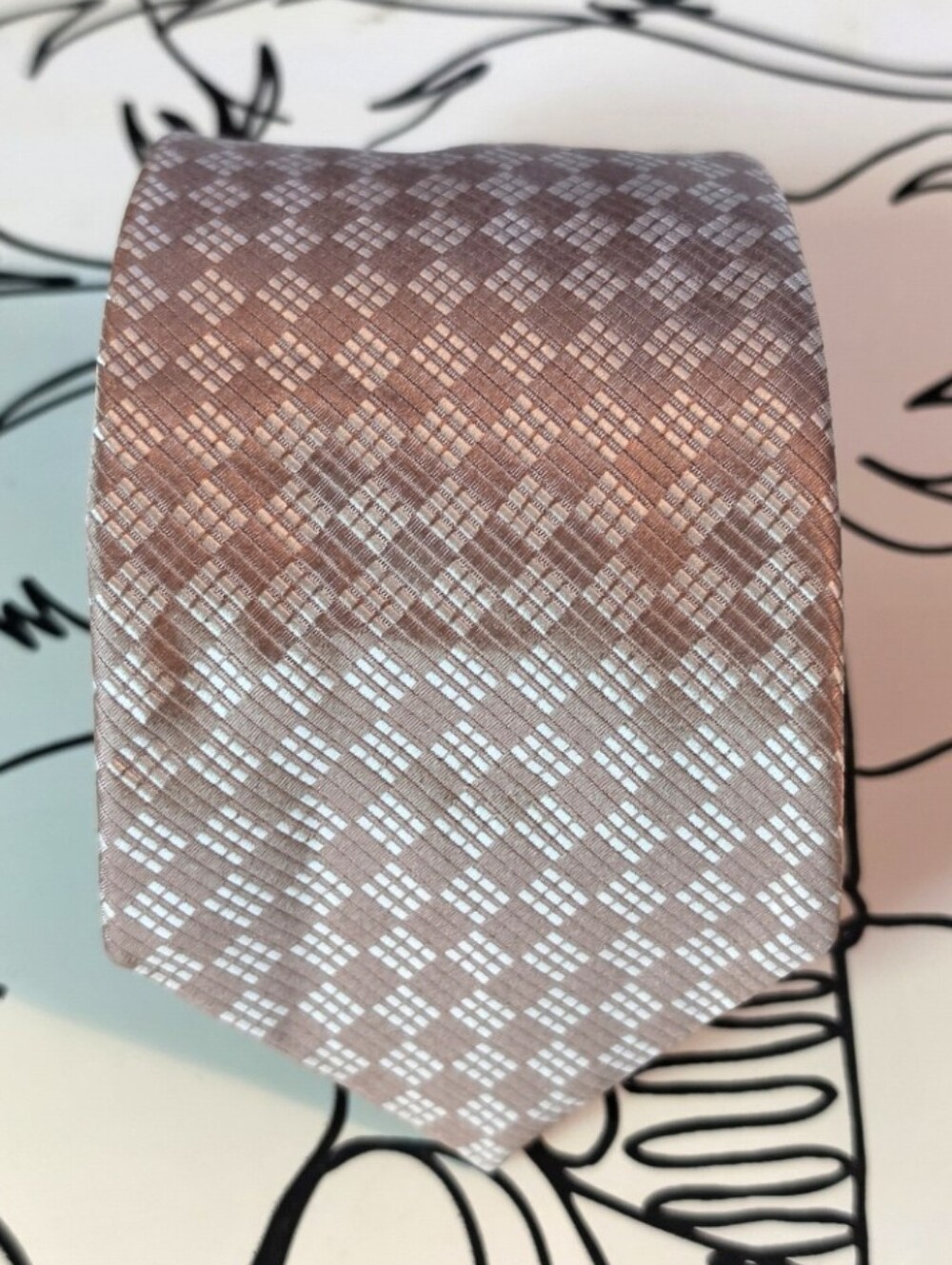 Daniel Milano 1956 Silk Tie Handmade Italy Salmon Pink Silver Geometric Check